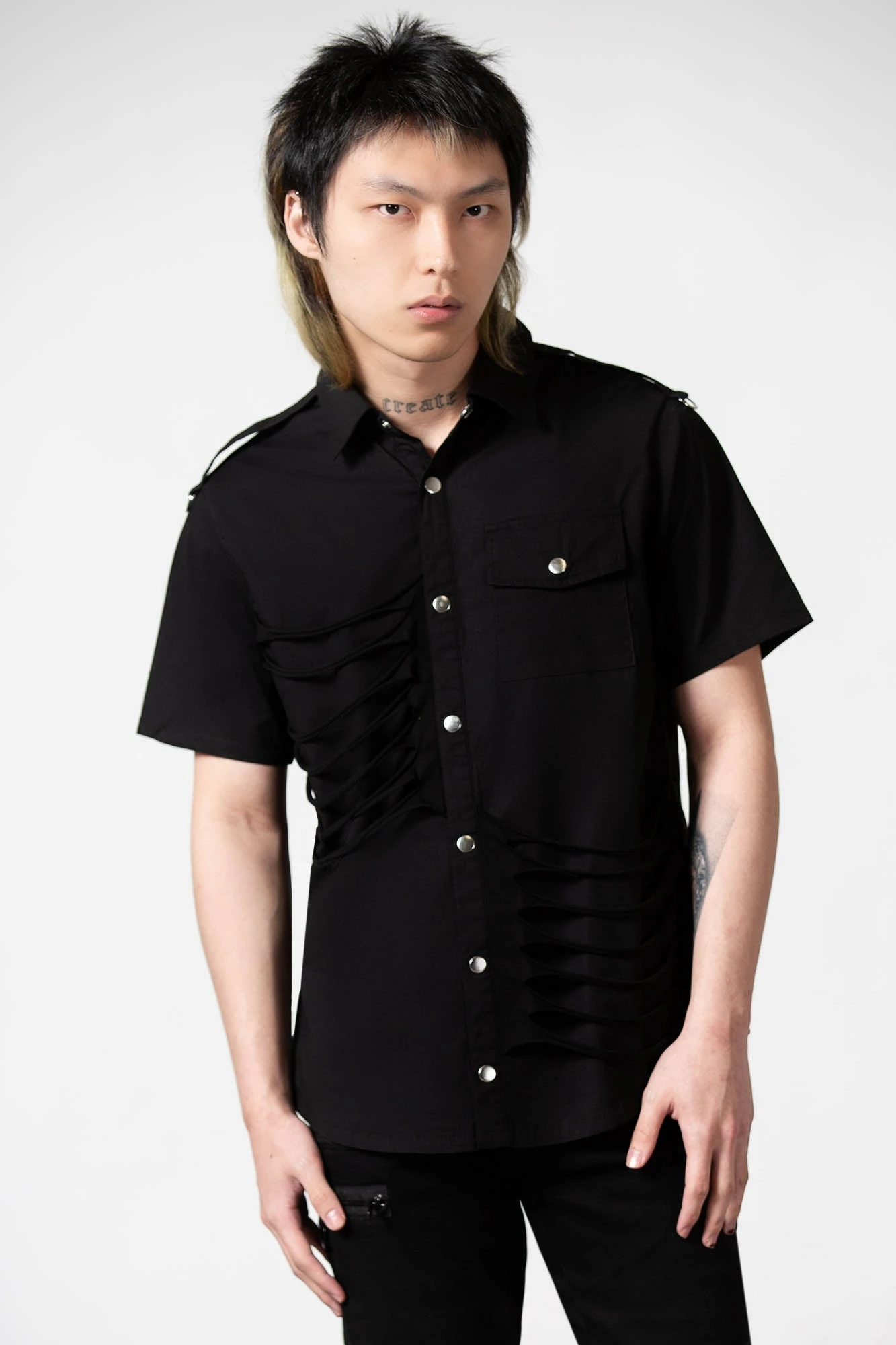 KILLSTAR Shayde Button-Up Shirt - Distressed Black Tonal Print 2 KILLSTAR Shayde Button-Up Shirt - Distressed Black Tonal Print - Image 2