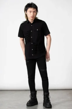 KILLSTAR Shayde Button-Up Shirt - Distressed Black Tonal Print 10 KILLSTAR Shayde Button-Up Shirt - Distressed Black Tonal Print -Kill Star Store SHAYDE BUTTON UP SHIRT M H