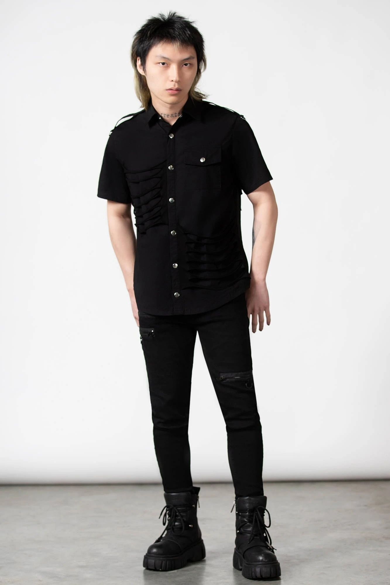 KILLSTAR Shayde Button-Up Shirt - Distressed Black Tonal Print 4 KILLSTAR Shayde Button-Up Shirt - Distressed Black Tonal Print - Image 4