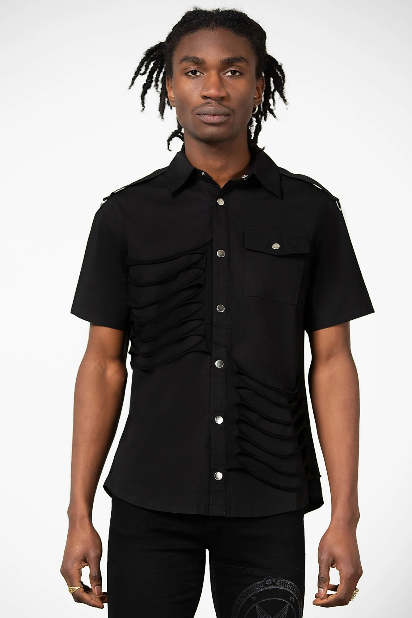 KILLSTAR Shayde Button-Up Shirt - Distressed Black Tonal Print 5 KILLSTAR Shayde Button-Up Shirt - Distressed Black Tonal Print - Image 5