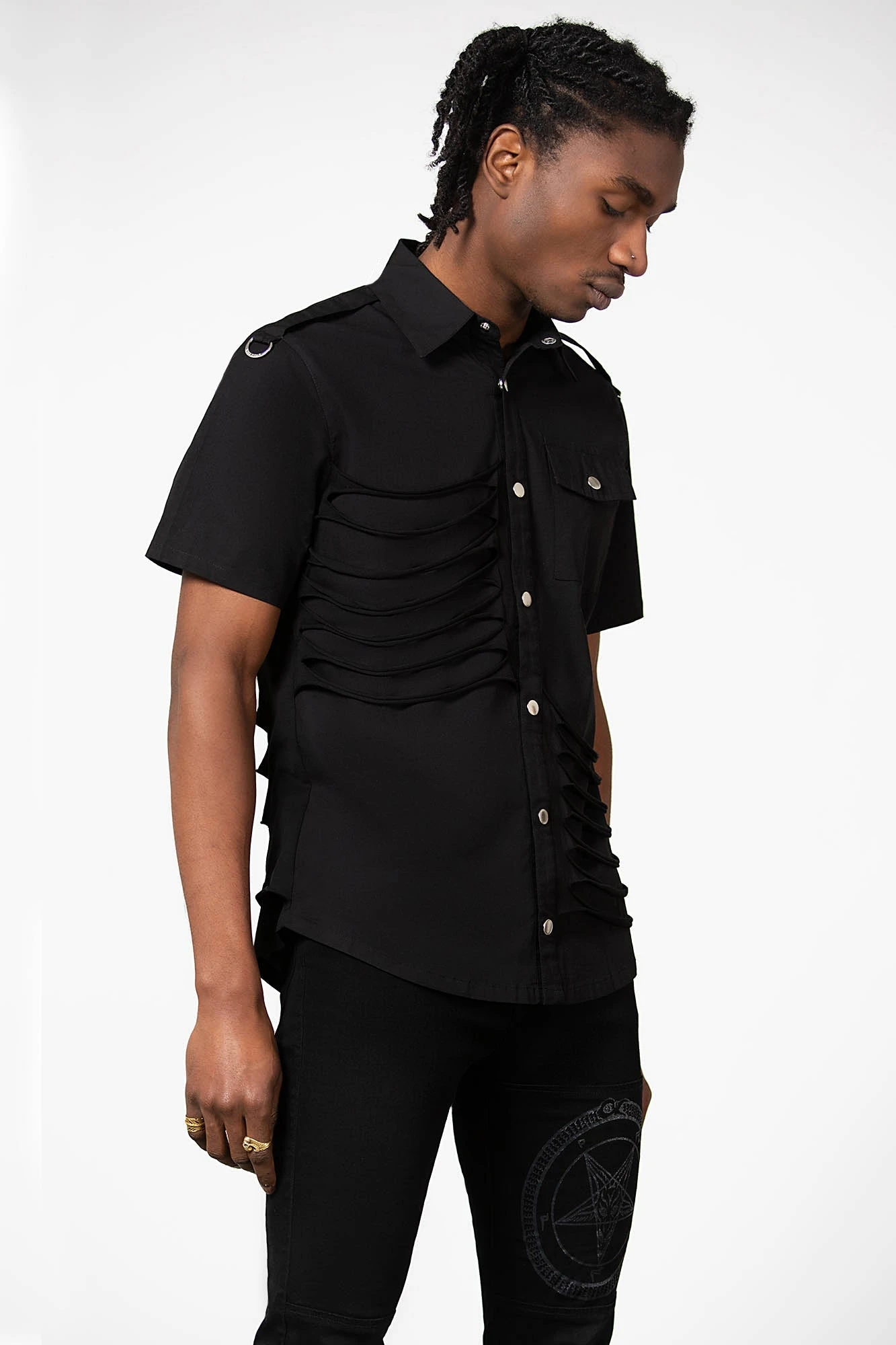 KILLSTAR Shayde Button-Up Shirt - Distressed Black Tonal Print 7 KILLSTAR Shayde Button-Up Shirt - Distressed Black Tonal Print - Image 7