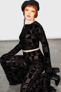 KILLSTAR x Dario Argento Suspiria Mood Flares - Black/Grey Velvet Leggings 10 KILLSTAR x Dario Argento Suspiria Mood Flares - Black/Grey Velvet Leggings -Kill Star Store SUSPIRIA MOOD FLARES W E