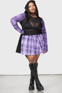 Plus Size Purple & Green Tartan Mesh Bodysuit with Thumbholes