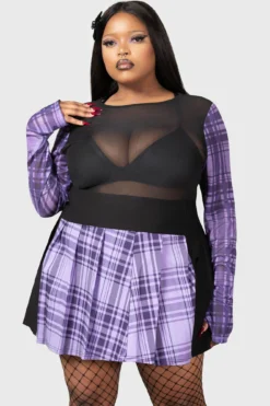 Plus Size Purple & Green Tartan Mesh Bodysuit with Thumbholes -Kill Star Store SWEETHEART DREAMS BODYSUIT PLUS W D