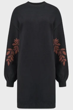 Killstar Thornwoven Sweater Dress - Knitted Leaf Sleeve Detail -Kill Star Store ThornwovenSweaterDress Black 1
