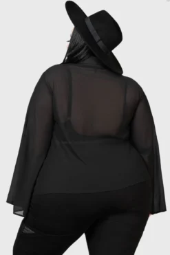 Killstar Unhallowed Mesh Shirt [PLUS] - Sheer Gothic Flared Sleeve Top -Kill Star Store UNHALLOWED TOP PLUS W E