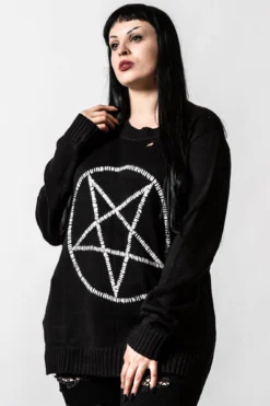 Killstar Unholy Knit Sweater with Pentagram and Distressed Details
