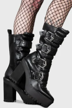KILLSTAR Vivian Boots - Patent Faux Croc Platform Heels