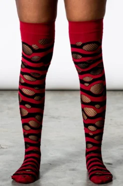 KILLSTAR Wretched Soul Distress Thigh-High Socks [Black/Blood]