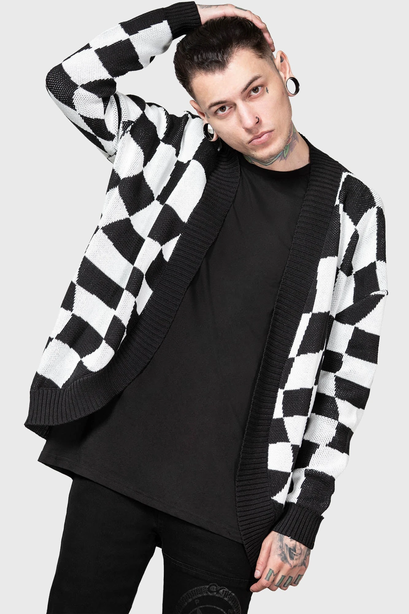 KILLSTAR Your Move Cardigan - Men's Distorted Checkerboard Knit 2 KILLSTAR Your Move Cardigan - Men's Distorted Checkerboard Knit - Image 2