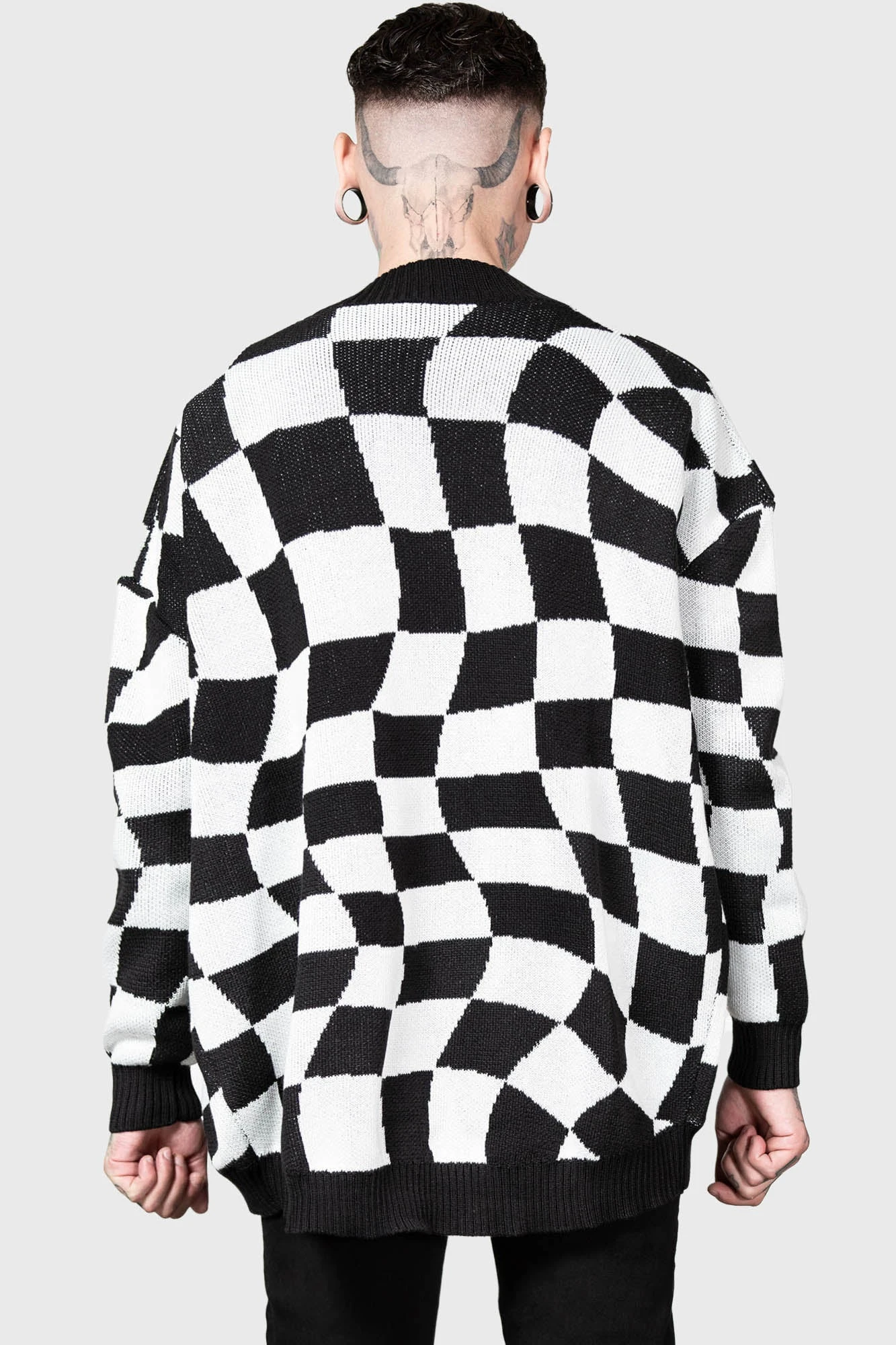 KILLSTAR Your Move Cardigan - Men's Distorted Checkerboard Knit 6 KILLSTAR Your Move Cardigan - Men's Distorted Checkerboard Knit - Image 6
