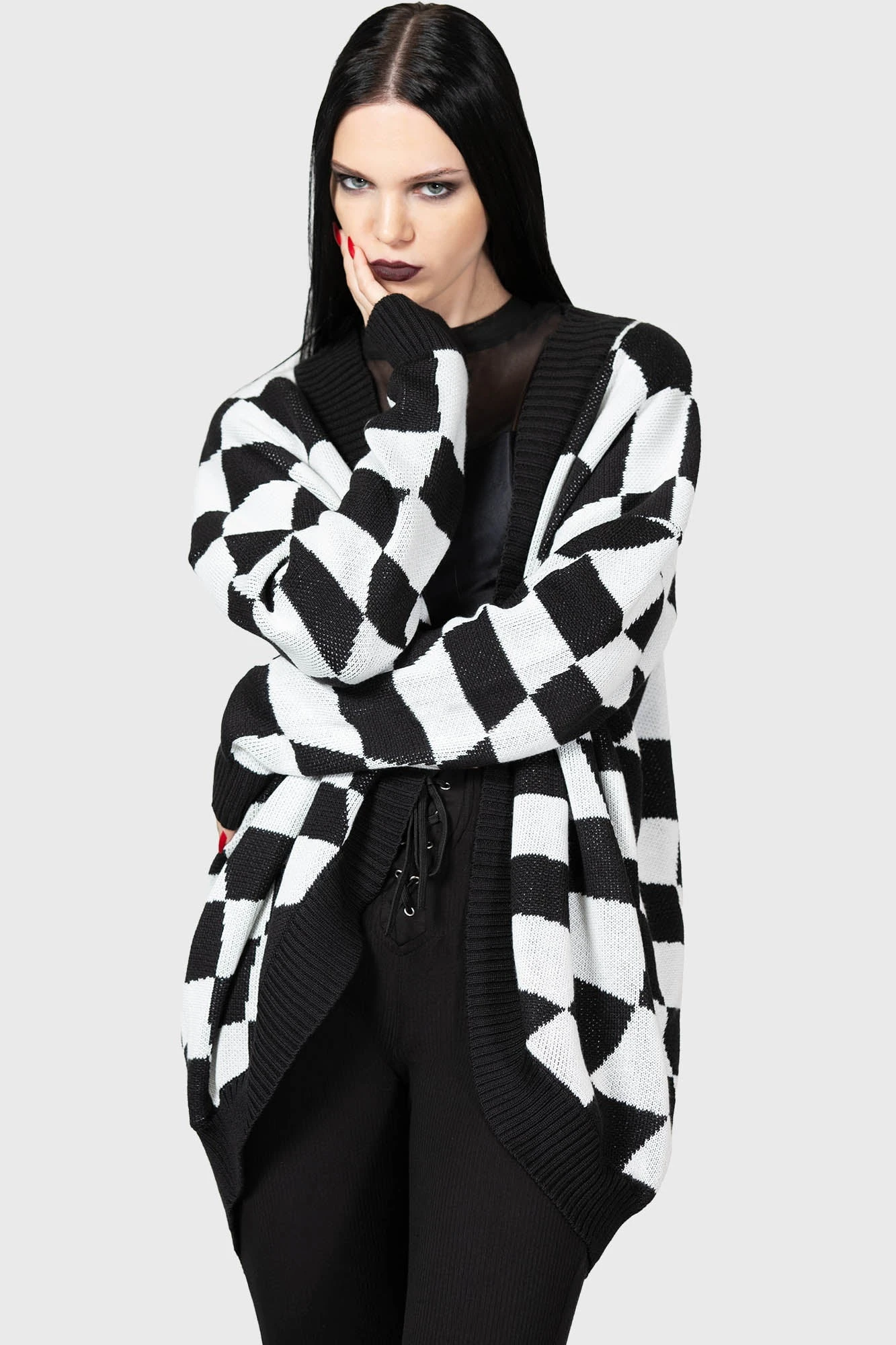 KILLSTAR Your Move Cardigan - Men's Distorted Checkerboard Knit 1 KILLSTAR Your Move Cardigan - Men's Distorted Checkerboard Knit
